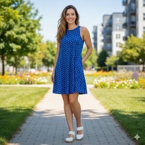 Cynthia Rowley Tie Back Dress Womens Medium Blue White Polka Dot Mini Casual